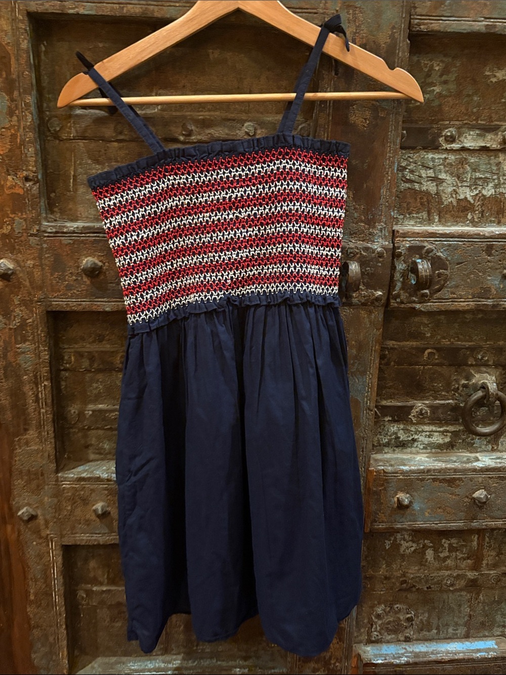 Janie and Jack Navy Dress with Red & White Smocked Bodice